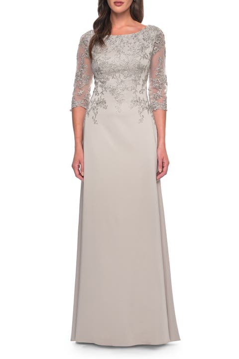 Jersey Gown with Boat Neckline and Lace Detailing