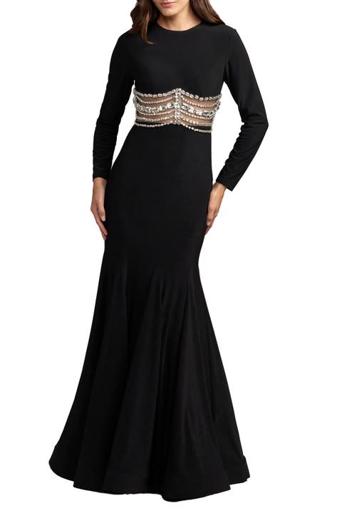 Long Sleeve Jersey Gown With Crystal Detail
