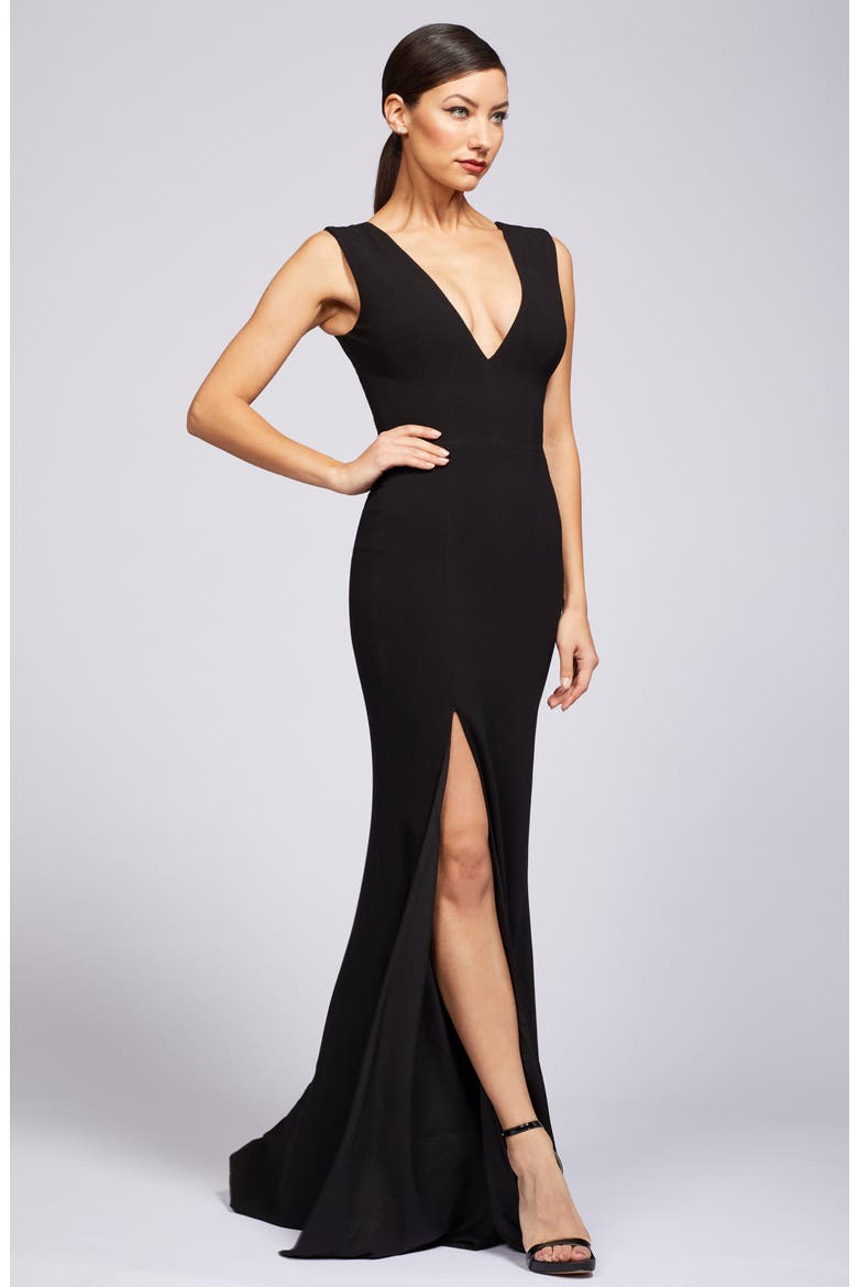 Sandra Plunge Crepe Trumpet Gown, Alternate, color, BLACK