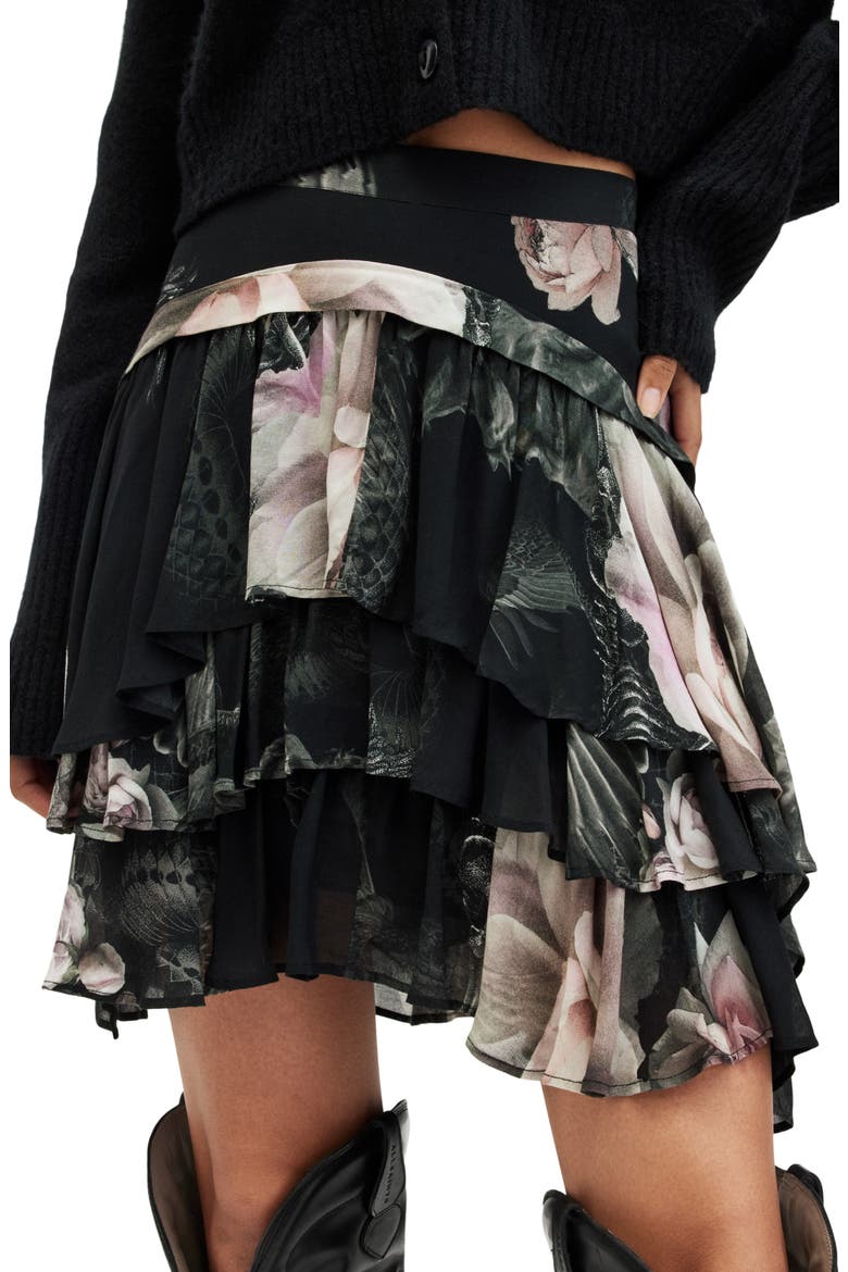 Cavalry Valley Floral Tiered Skirt, Alternate, color, JET BLACK