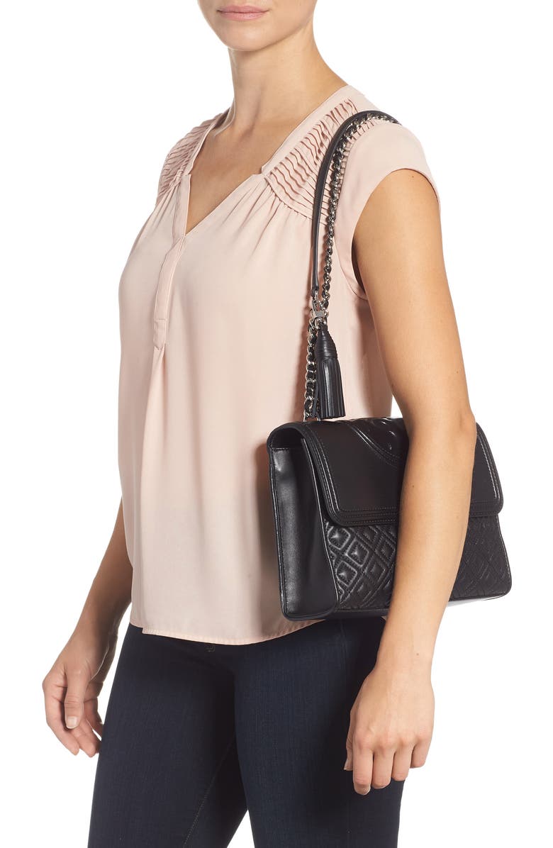 Tory Burch Fleming Quilted Lambskin Leather Convertible Shoulder Bag, Alternate, color, Black / Silver