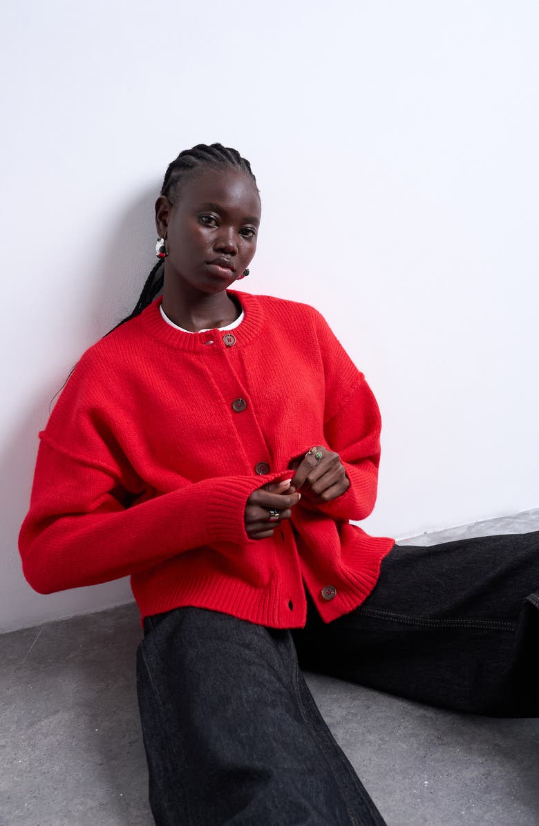 Topshop Exposed Seam Relaxed Fit Cardigan, Alternate, color, Red