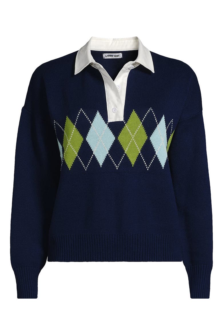 Plus Size Drifter Jacquard Rugby with Woven Collar Sweater, Alternate, color, Deep Sea Navy Argyle