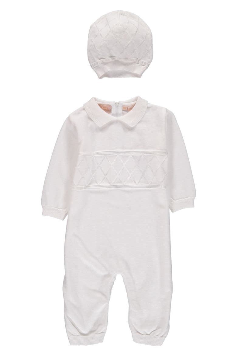 Elegant Christening Romper & Hat Set, Main, color, WHITE
