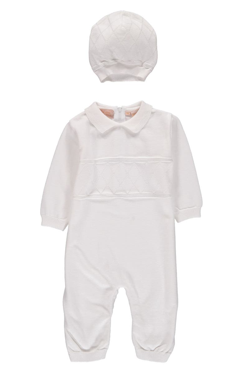 Carriage Boutique Elegant Christening Romper & Hat Set, Main, color, White