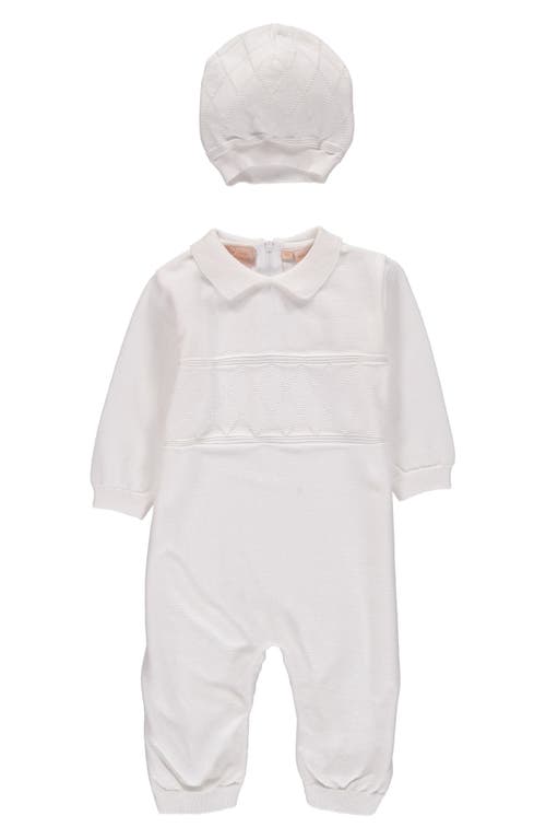 Carriage Boutique Elegant Christening Romper & Hat Set in White 