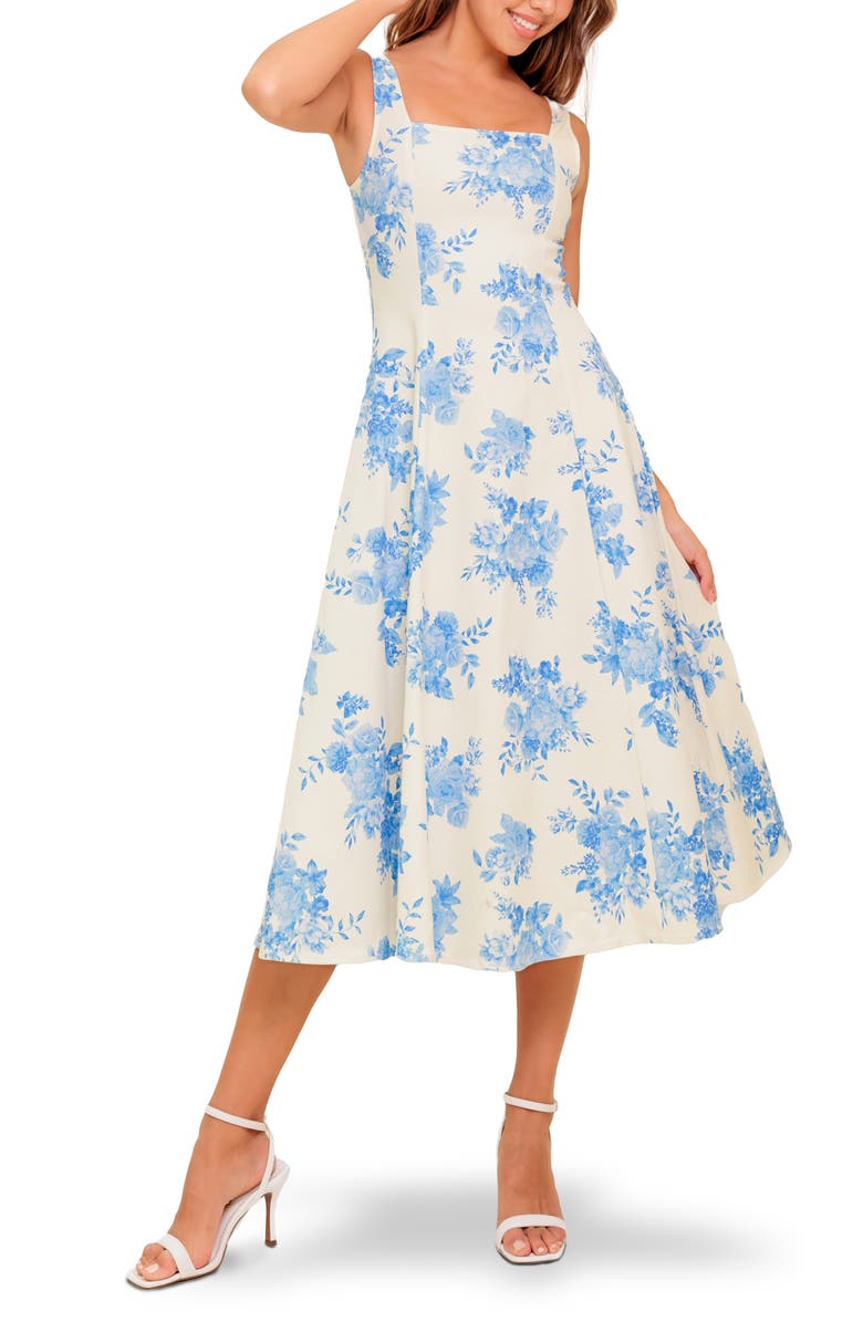 FLYING TOMATO Floral Print Midi Dress, Main, color, Ivory Blue