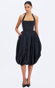 Miss Circle Veradis Taffeta Halter Bubble-Hem Midi Dress