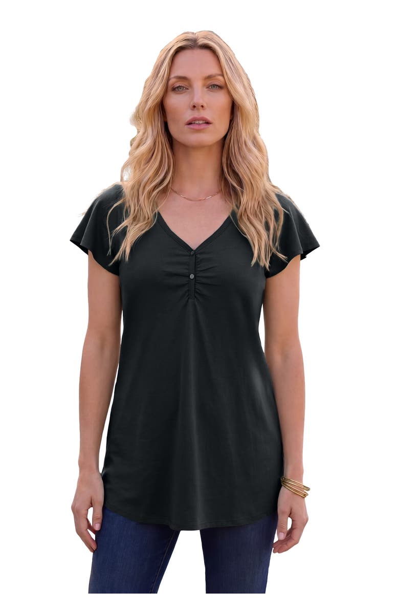 Roaman's Plus Size Cotton Ultimate Flutter Sleeve Sweetheart Tee, Main, color, Black