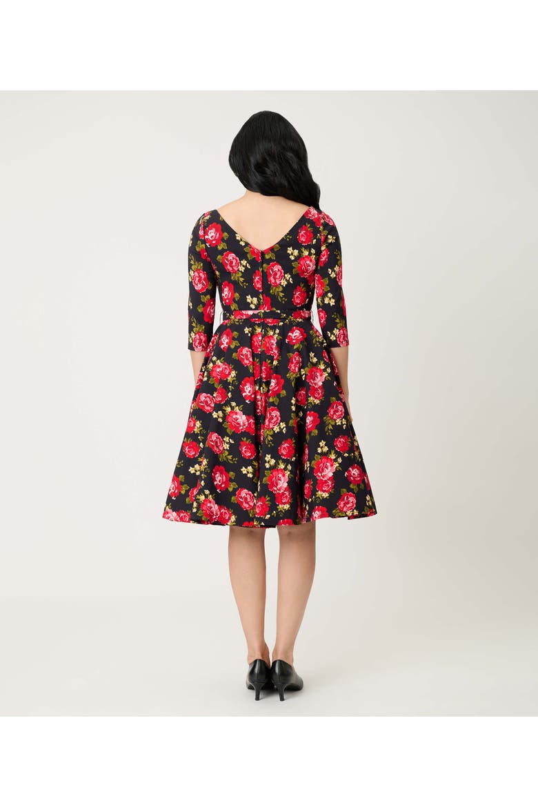 Three Quarter Sleeve Belted Devon Swing Dress, Alternate, color, Black & Red Roses