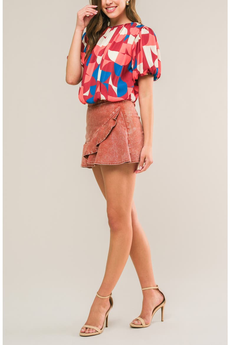 Geometric Print Short Sleeve Blouson Top, Alternate, color, BURGUNDY