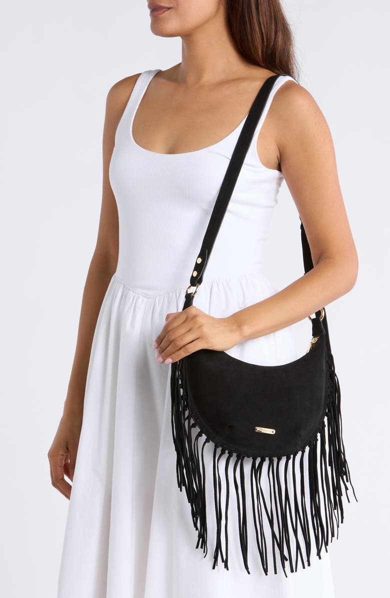 Rebecca Minkoff Darren Slim Fringe Suede Crossbody Bag, Alternate, color, Black