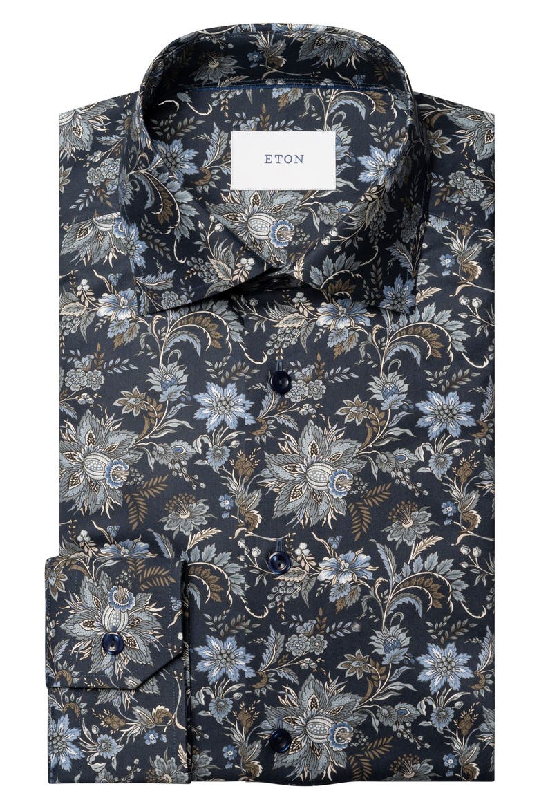 Slim Fit Floral Cotton Dress Shirt, Alternate, color, DARK BLUE