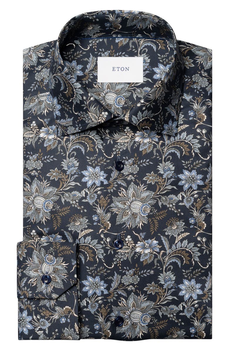 Eton Slim Fit Floral Cotton Dress Shirt, Alternate, color, Dark Blue