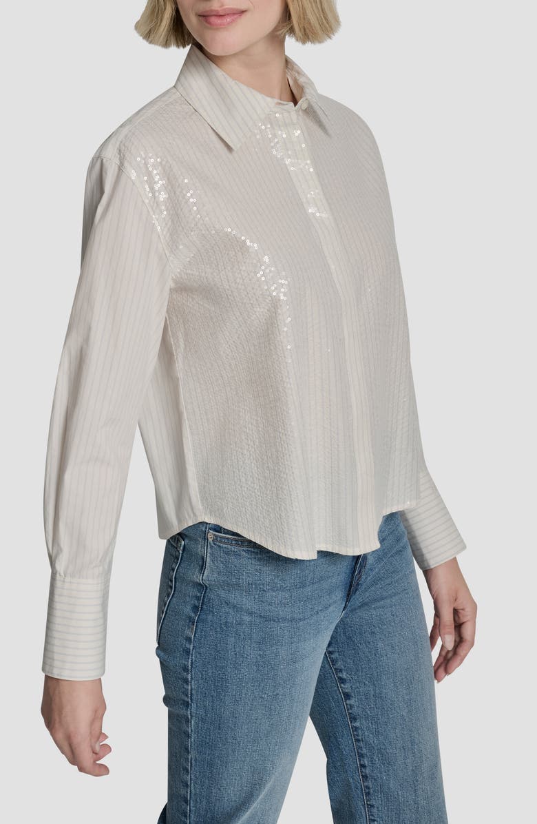 DKNY Jeans Sequin Pin Stripe Button Front Shirt, Alternate, color, Eggnog Combo
