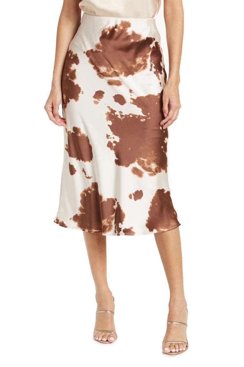 Satin Cow Print Midi Skirt, Main, color, BROWN