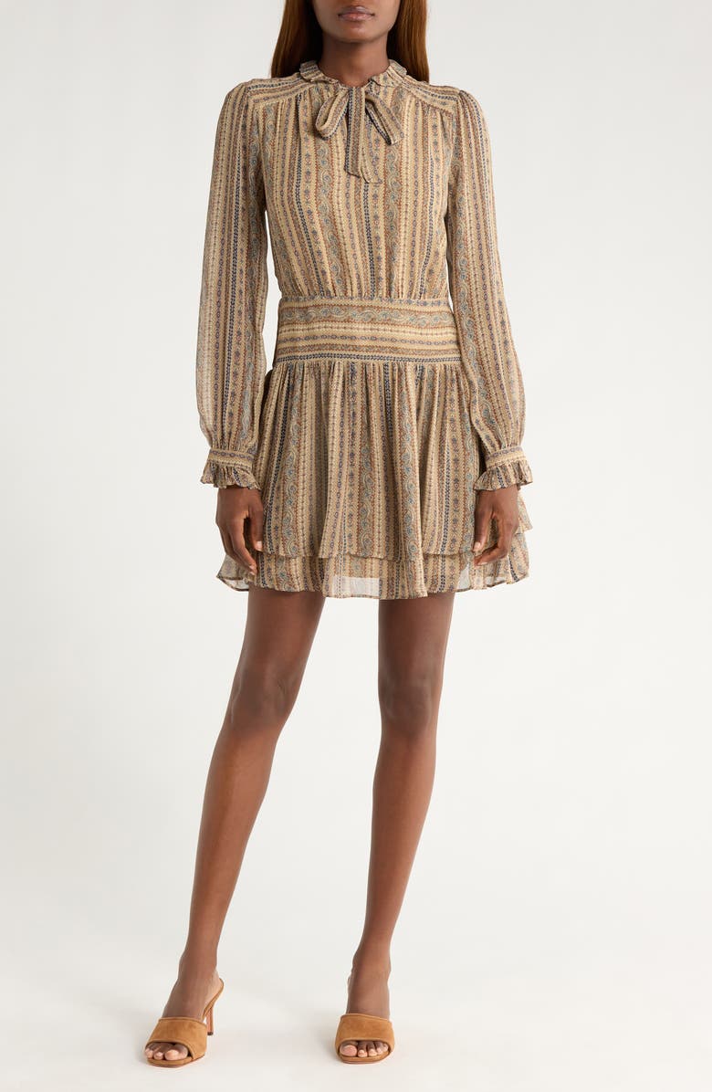 PAIGE Nantes Mixed Print Long Sleeve Silk Chiffon Dress, Main, color, Brown Multi