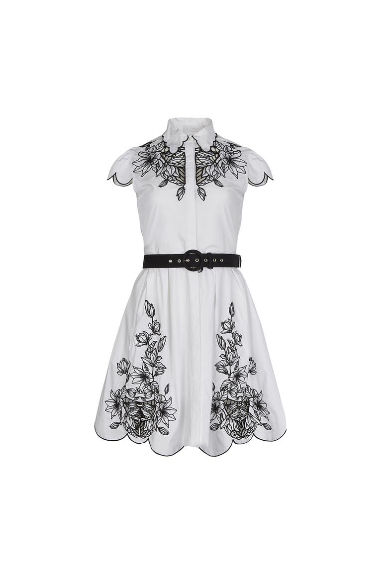 Women's Dress  Adelina White Poplin Shirt Dress With Black Embroidery Detailing, Scalloped Hem, Pockets & Removable Belt, Main, color, Black/White