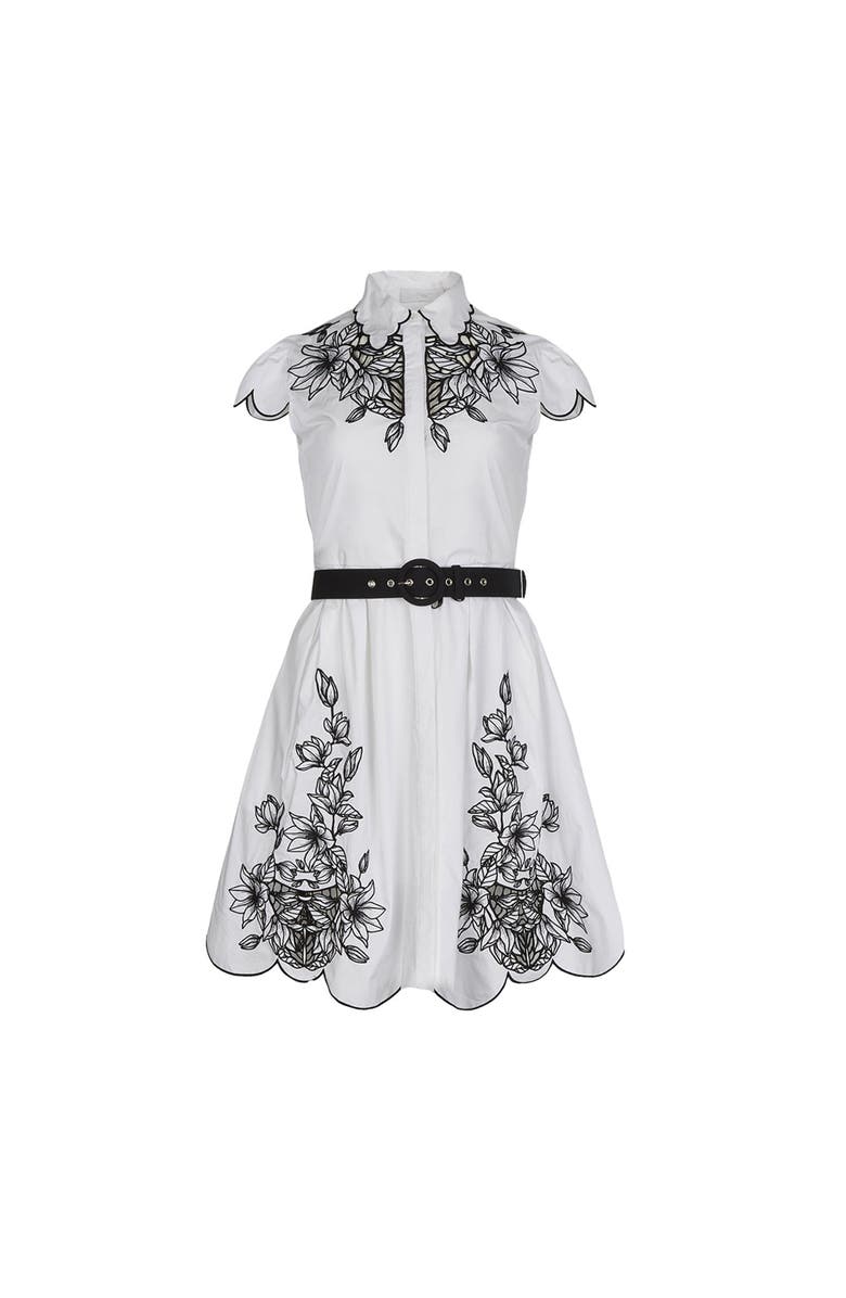 Anne Fontaine Women's Dress Adelina White Poplin Shirt Dress With Black Embroidery Detailing, Scalloped Hem, Pockets & Removable Belt, Main, color, Black/White