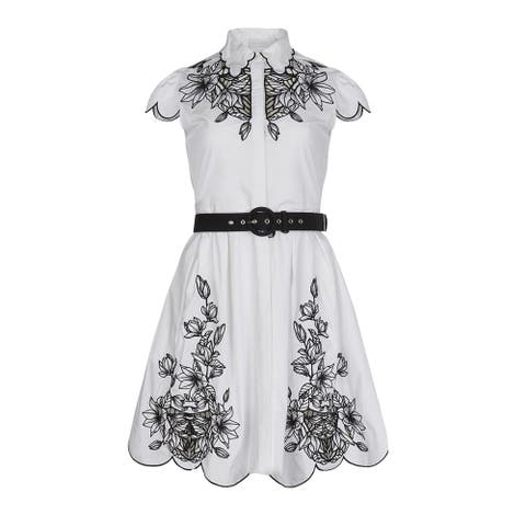 Women's Dress  Adelina White Poplin Shirt Dress With Black Embroidery Detailing, Scalloped Hem, Pockets & Removable Belt