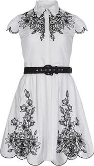 Anne Fontaine Women's Dress Adelina White Poplin Shirt Dress With Black Embroidery Detailing, Scalloped Hem, Pockets & Removable Belt