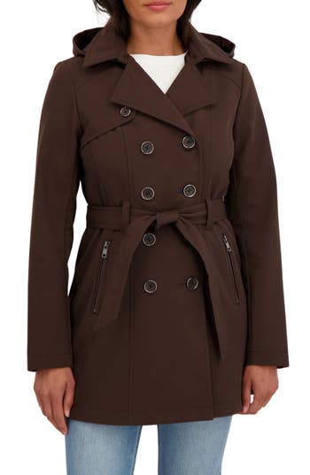 Sebby Water-resistant Hooded Double-breasted Trench Coat In Brown
