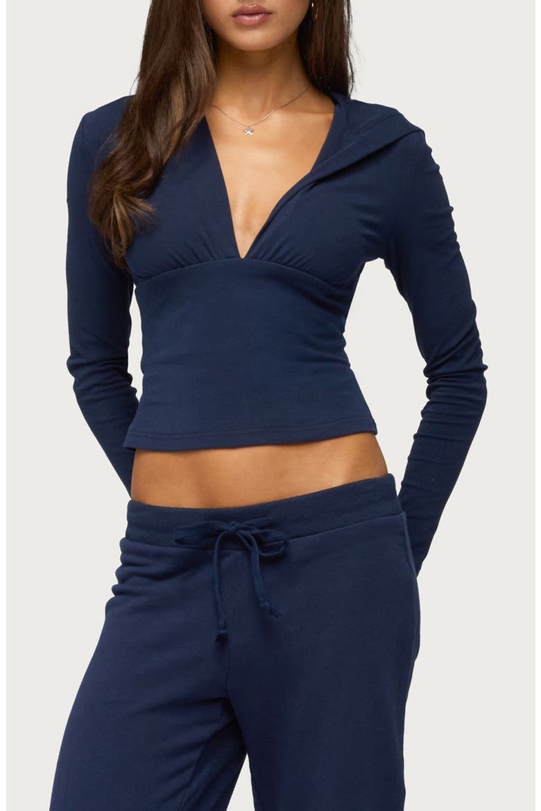 Natashah Hooded Plunge Long Sleeve Crop Top, Main, color, NAVY