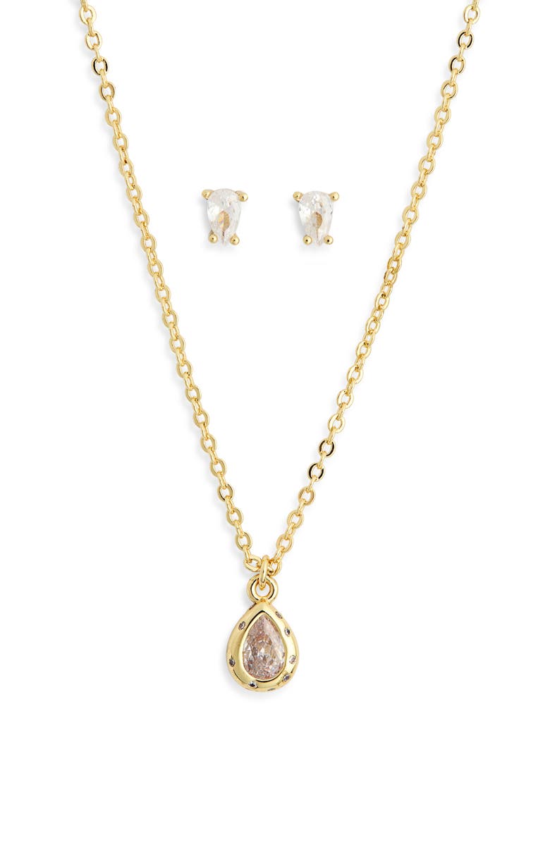 Leith Cubic Zirconia Stud Earrings & Necklace Set, Alternate, color, Clear- Gold