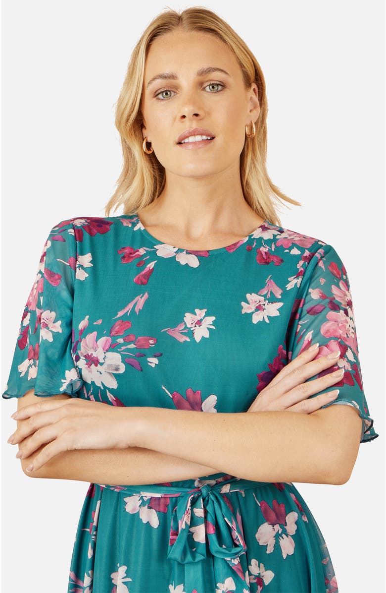 Yumi Mesh Skater Floral Midi Dress, Alternate, color, Teal