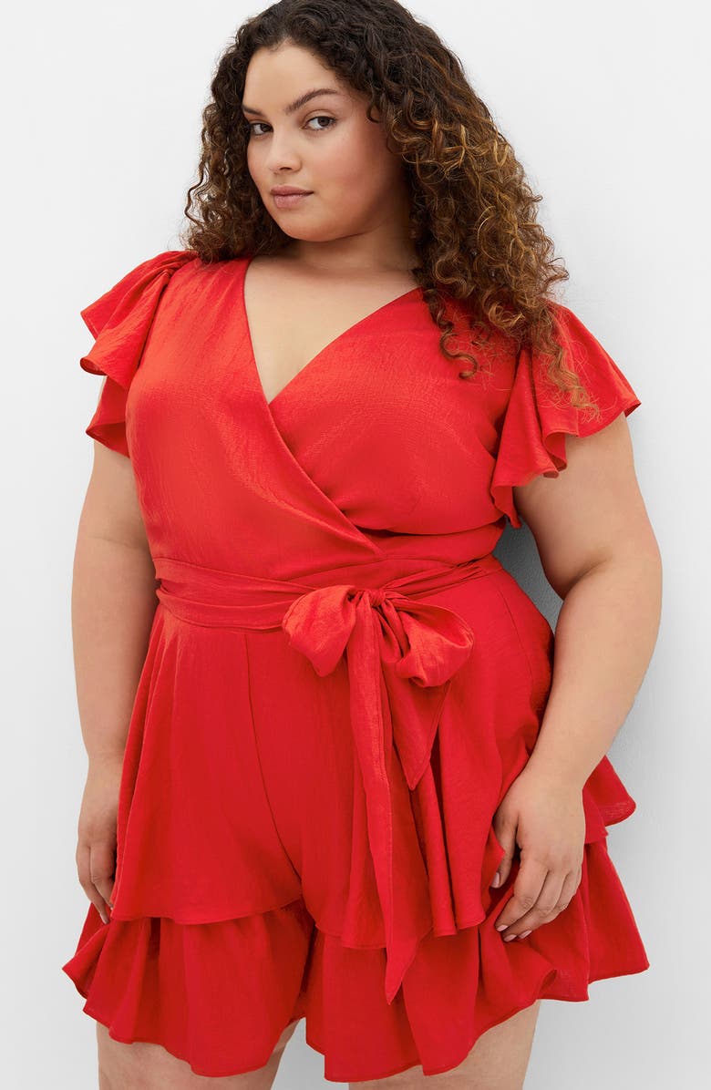 City Chic Sunny Ruffle Romper, Alternate, color, Red