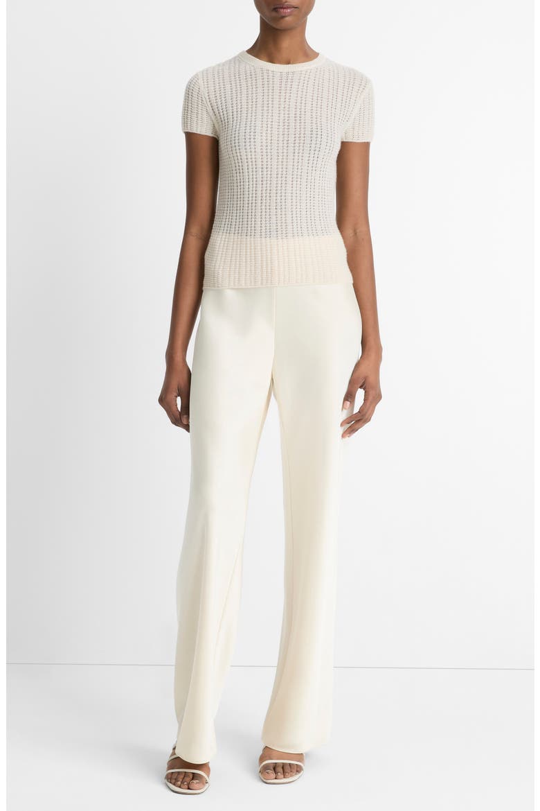 Waffle Stitch Short Sleeve Cashmere & Silk Sweater, Alternate, color, WHITE SAND