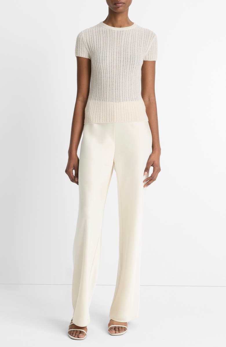 Vince Waffle Stitch Short Sleeve Cashmere & Silk Sweater, Alternate, color, White Sand