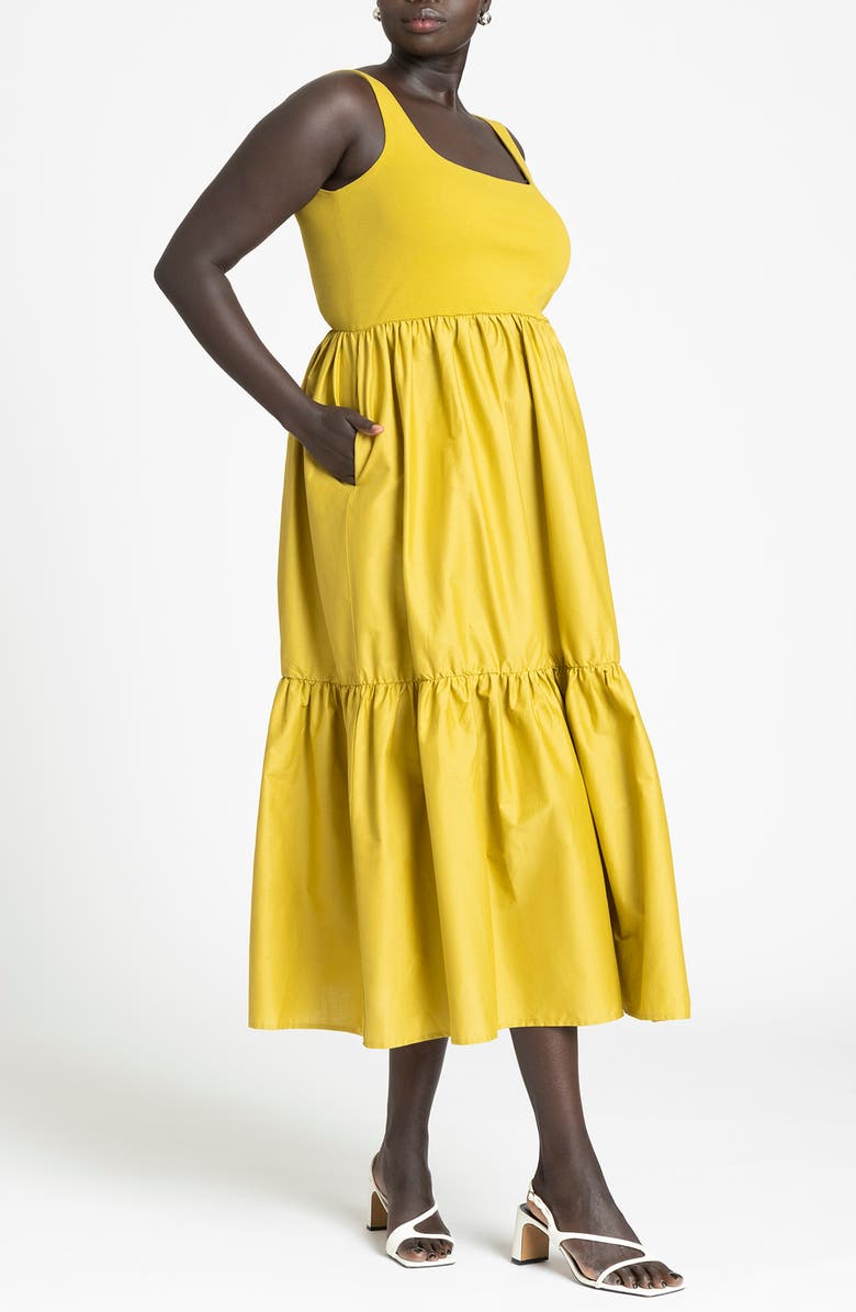 ELOQUII Sleeveless Tiered Mixed Media Maxi Sundress, Main, color, 