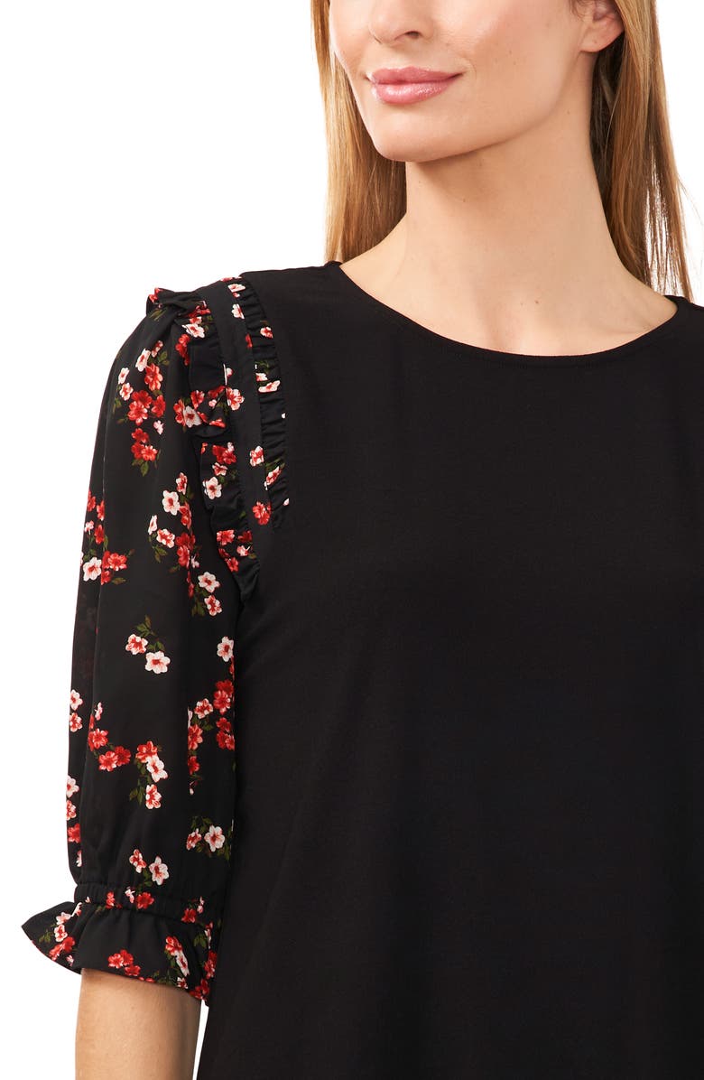 CeCe Floral Ruffle Sleeve Mixed Media Top, Alternate, color, 