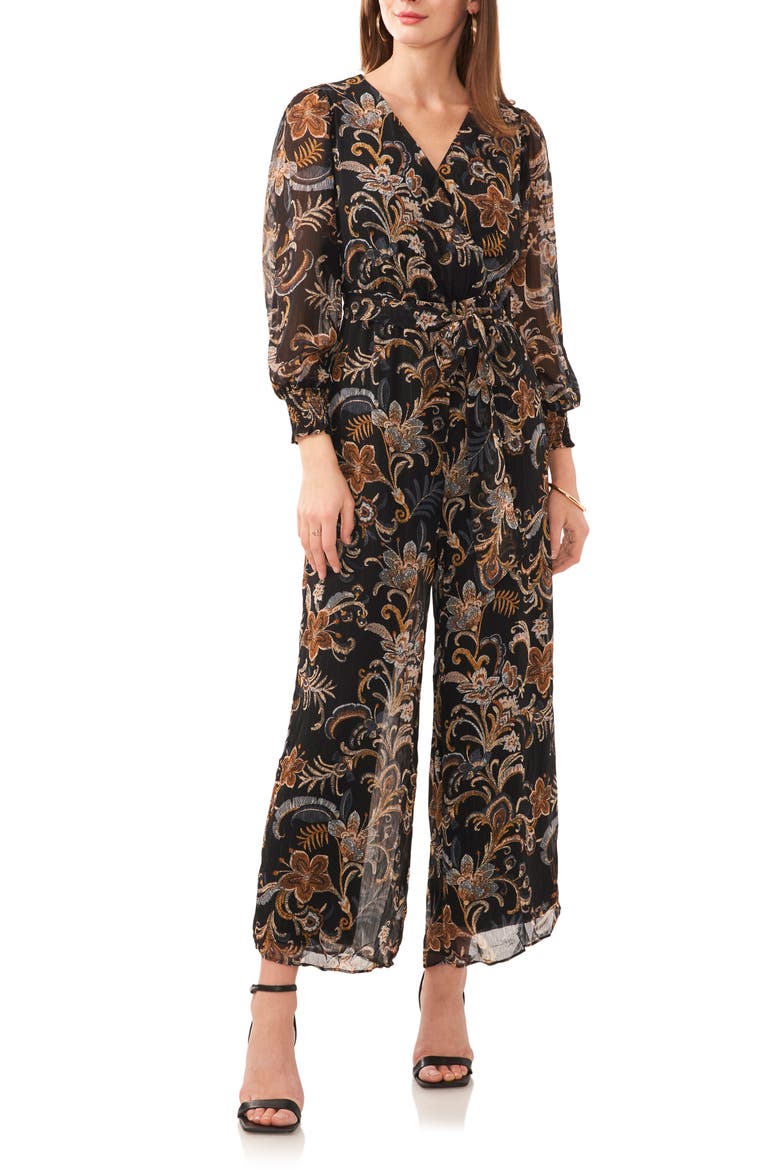 Paisley Long Sleeve Chiffon Jumpsuit, Main, color, RICH BLACK