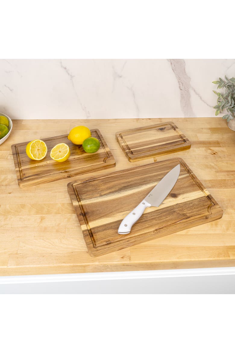Hespera Handcrafted Acacia Wood Grain Reversible Cutting Board with Juice Grooves and Built-In Handle, Alternate, color, Natural