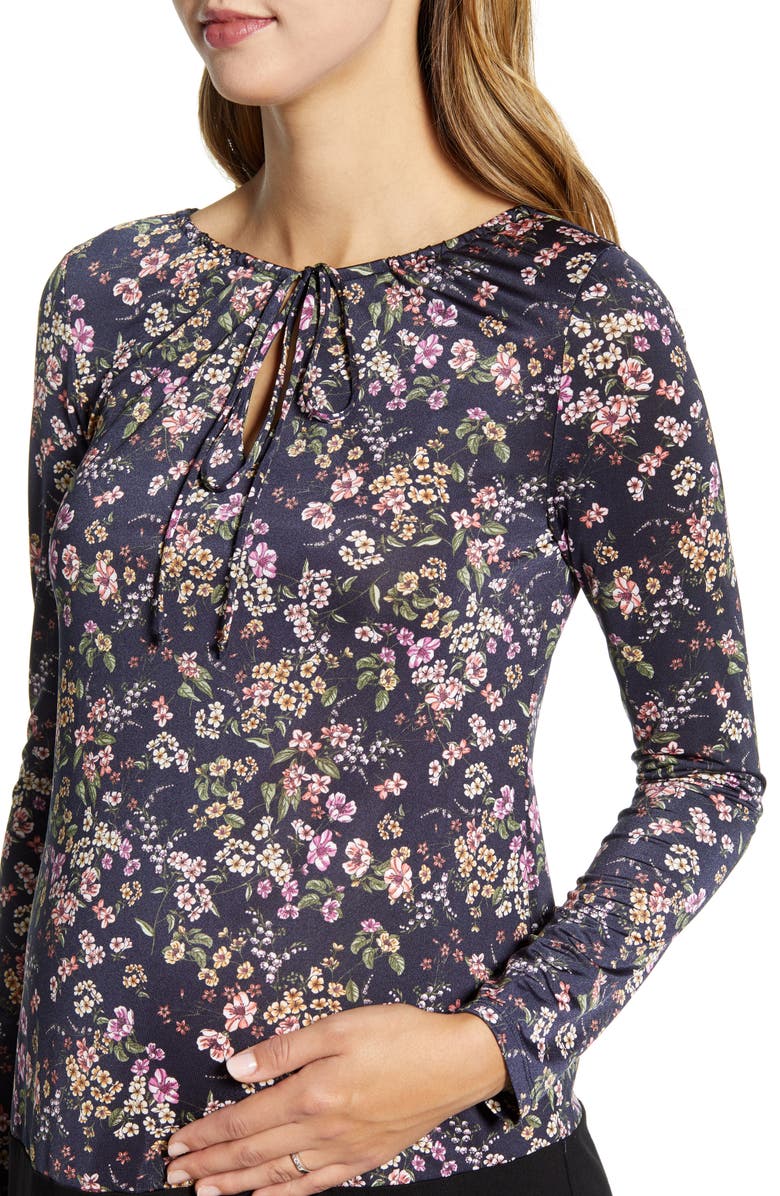 Maternal America Keyhole Maternity Dress, Alternate, color, Autumn Blossom/ Black