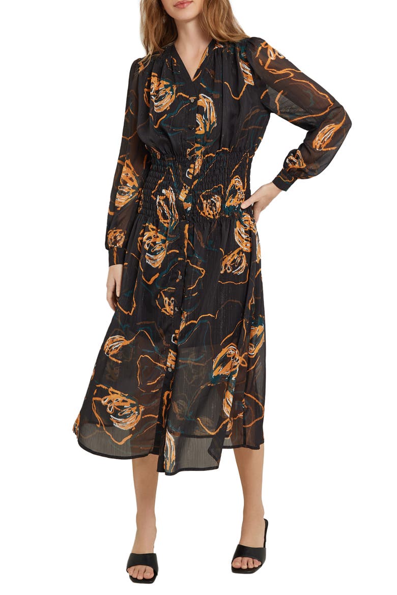 Print Smocked Waist Long Sleeve Midi Dress, Main, color, BLACK/ OCHR/ MUL