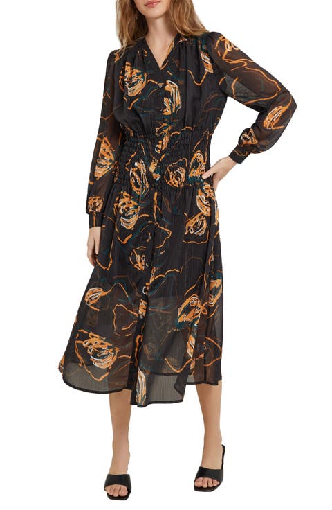 Print Smocked Waist Long Sleeve Midi Dress