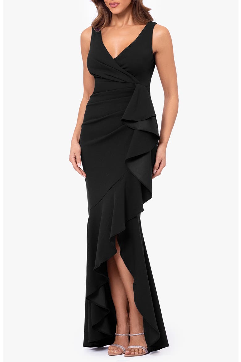 V-Neck Cascade Ruffle High-Low Gown, Alternate, color, BLACK