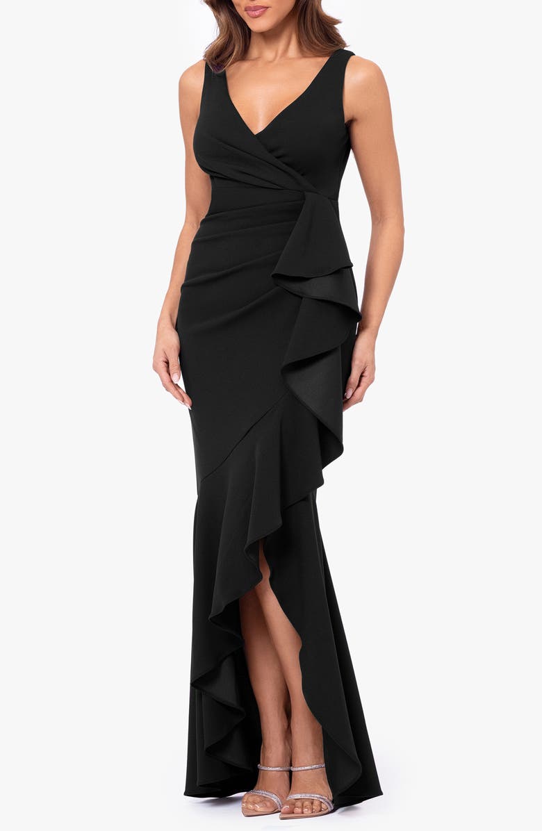 V-Neck Cascade Ruffle High-Low Gown