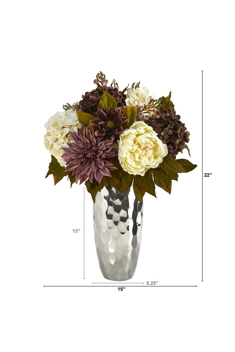 22-in Peony, Hydrangea and Dahlia Artificial Arrangement in Silver Vase, Alternate, color, Purple