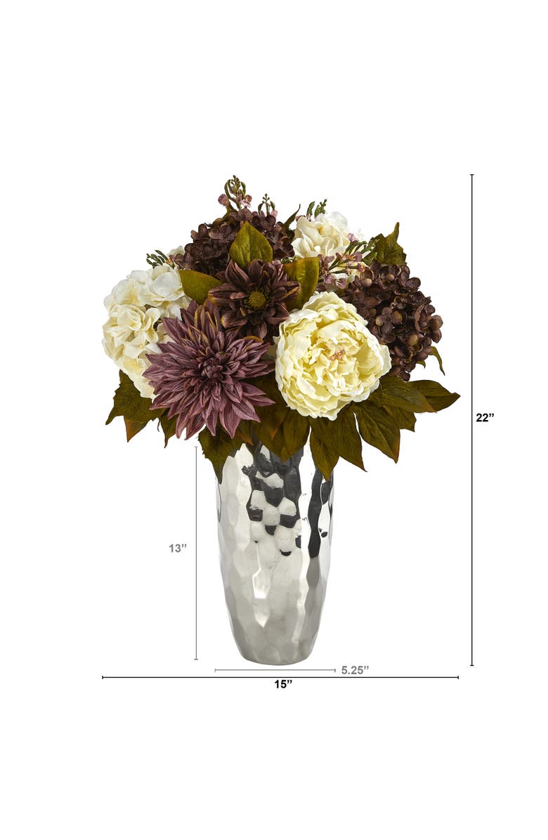 NEARLY NATURAL 22-in Peony, Hydrangea and Dahlia Artificial Arrangement in Silver Vase, Alternate, color, Purple