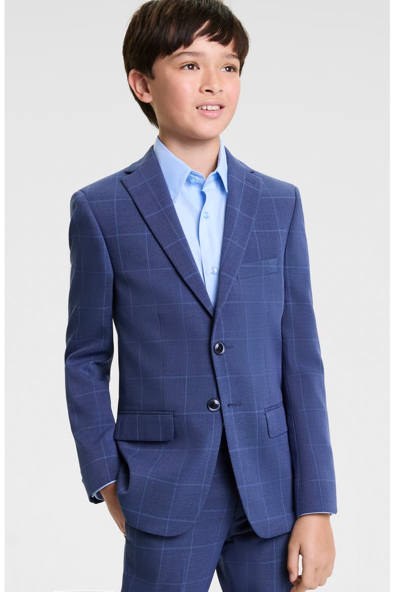 Kids' Blue Windowpane Stretch Suit, Alternate, color, BLUE