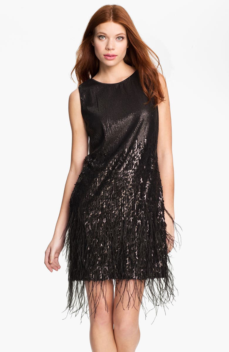 Jessica Simpson Sequin & Feather Detail Shift Dress, Main, color, 