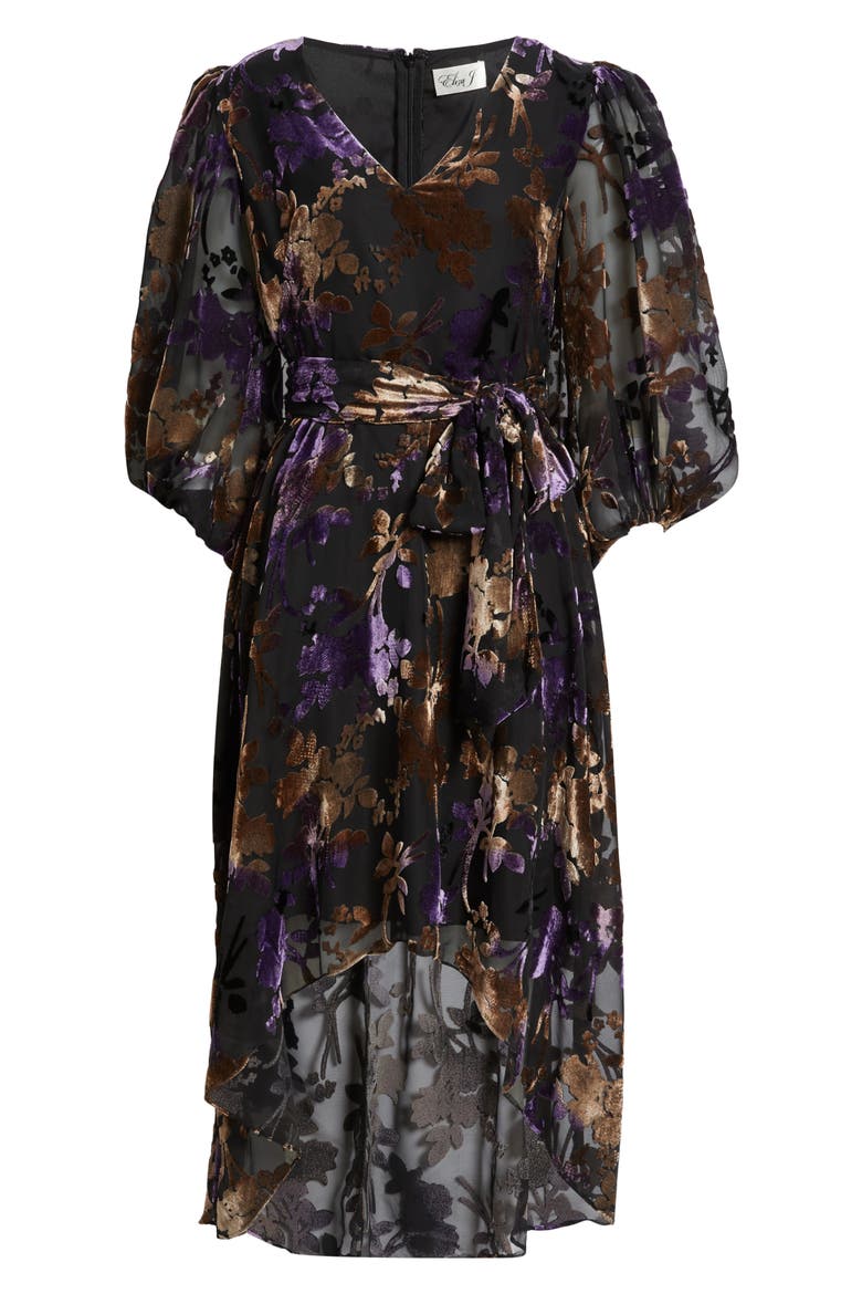 Floral Burnout Velvet Puff Sleeve Midi Dress, Alternate, color, BLACK PLUM