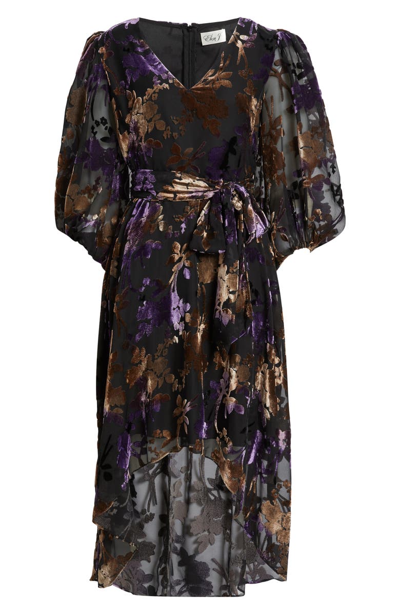 Eliza J Floral Burnout Velvet Puff Sleeve Midi Dress, Alternate, color, Black Plum