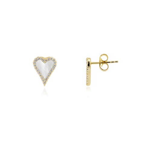 Mini Mother of Pearl CZ Halo Heart Stud Earrings