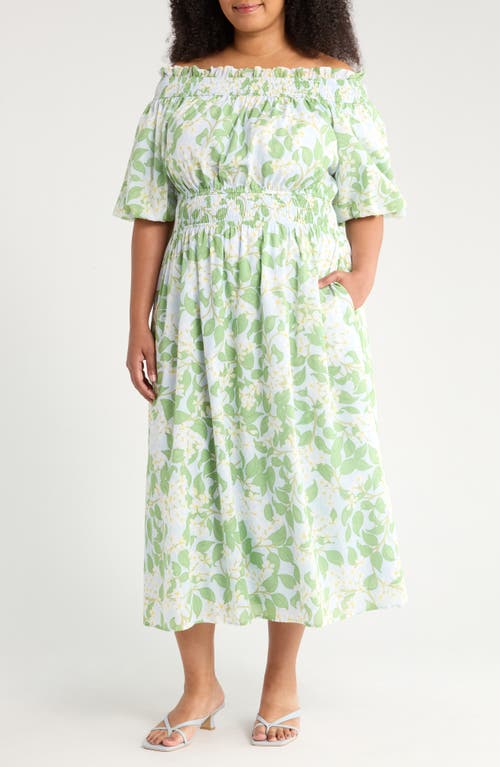 SUGARLIPS Kiany Floral Magna Town Off the Shoulder Cotton Midi Dress in Light Blue/Green 