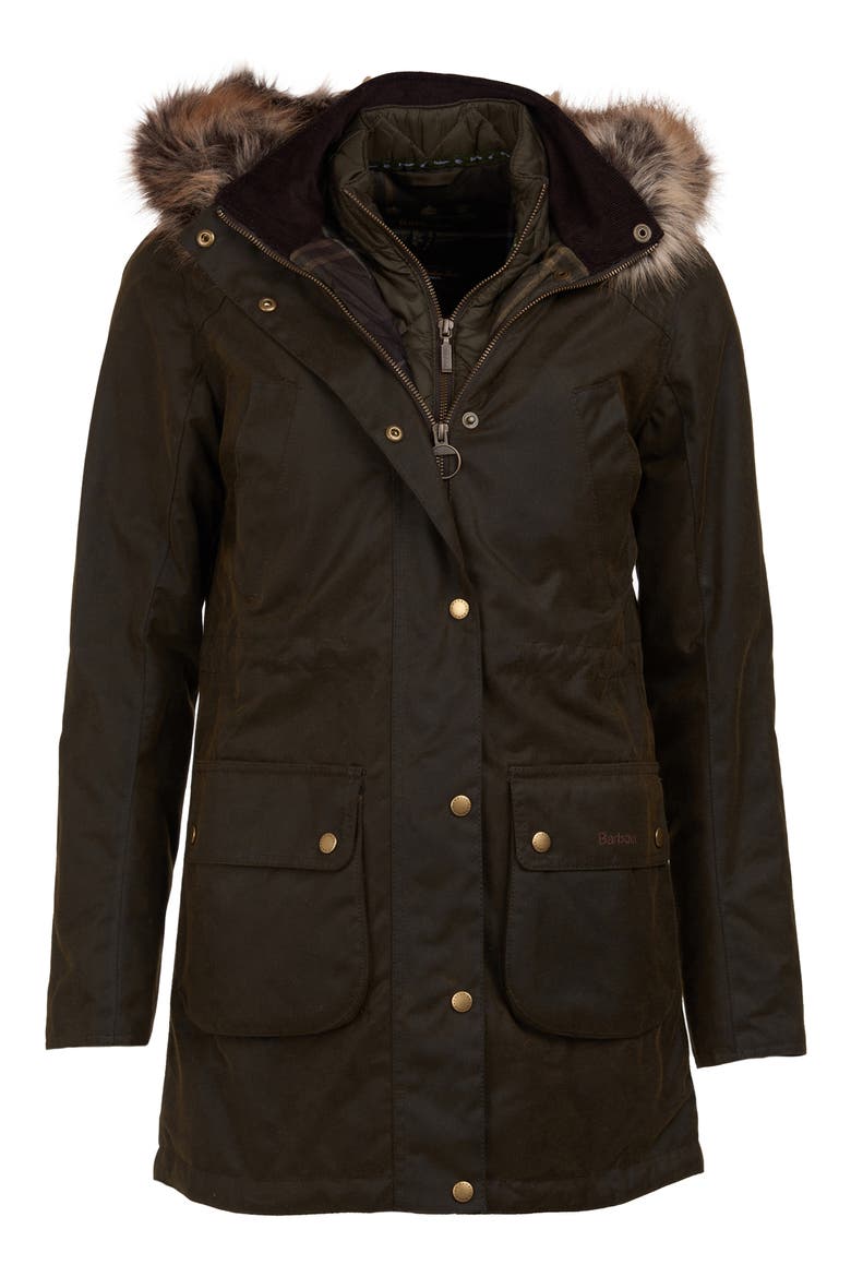 Thrunton Waxed Cotton Jacket with Faux Fur Trim, Alternate, color, OLIVE/ CLASSIC